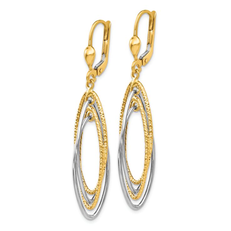 14k Two-tone Textured and Polished Oval Dangle Earrings