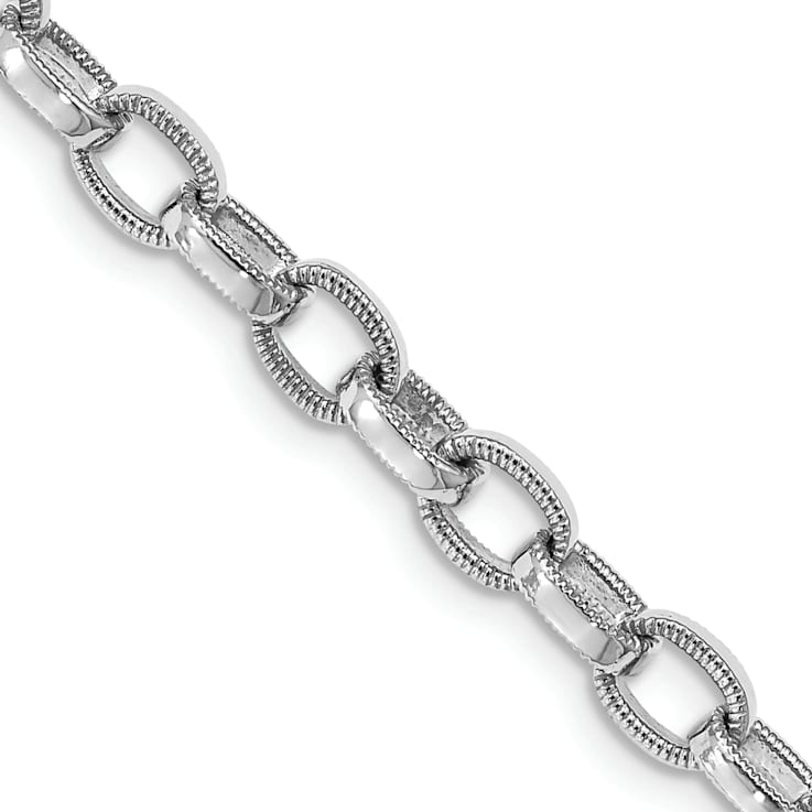 Rhodium Over 14k White Gold 5mm Hand-polished, Brushed and Textured
Ridged Edges Fancy Link Bracelet