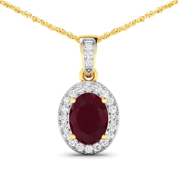 1.50ctw 14K Yellow Gold Ruby and White Diamond Pendant with 18 inch
Cable Chain
