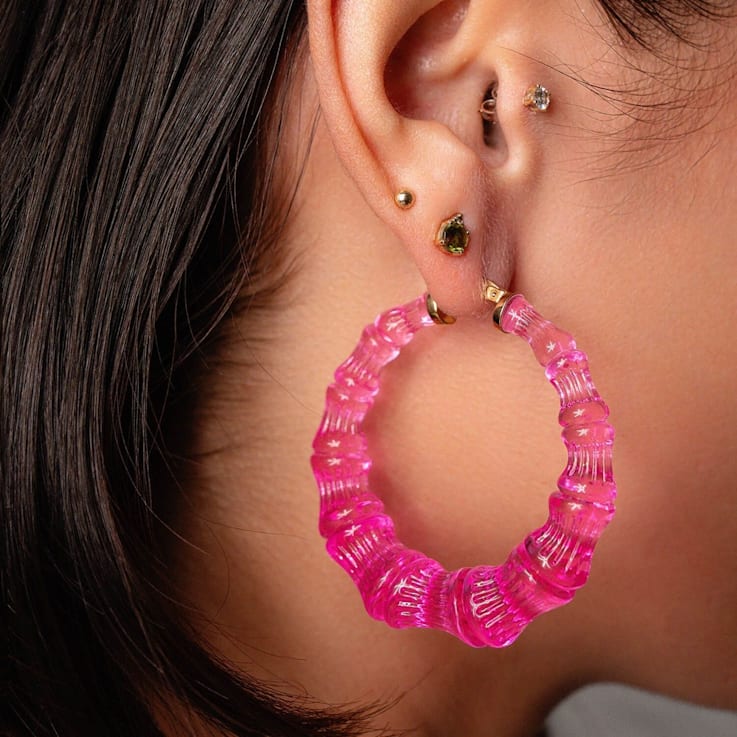 14K Yellow Gold Over Sterling Silver Bamboo Acrylic Hoops in Electric Pink