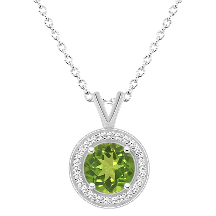 7mm Round Peridot 1/8 ctw Diamond Rhodium Over Sterling Silver Halo
Pendant with Chain