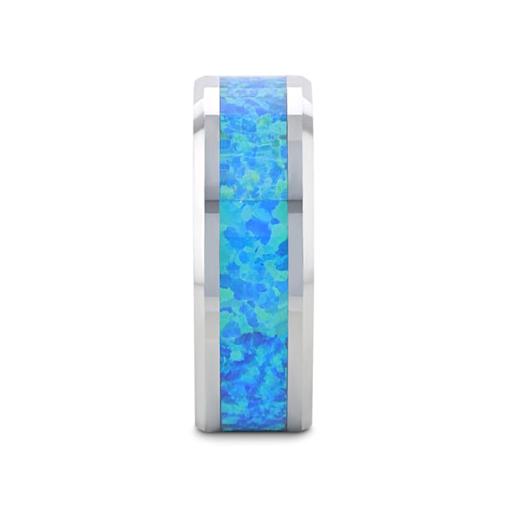 QUASAR Tungsten Wedding Band with Blue Green Opal Inlay 8mm