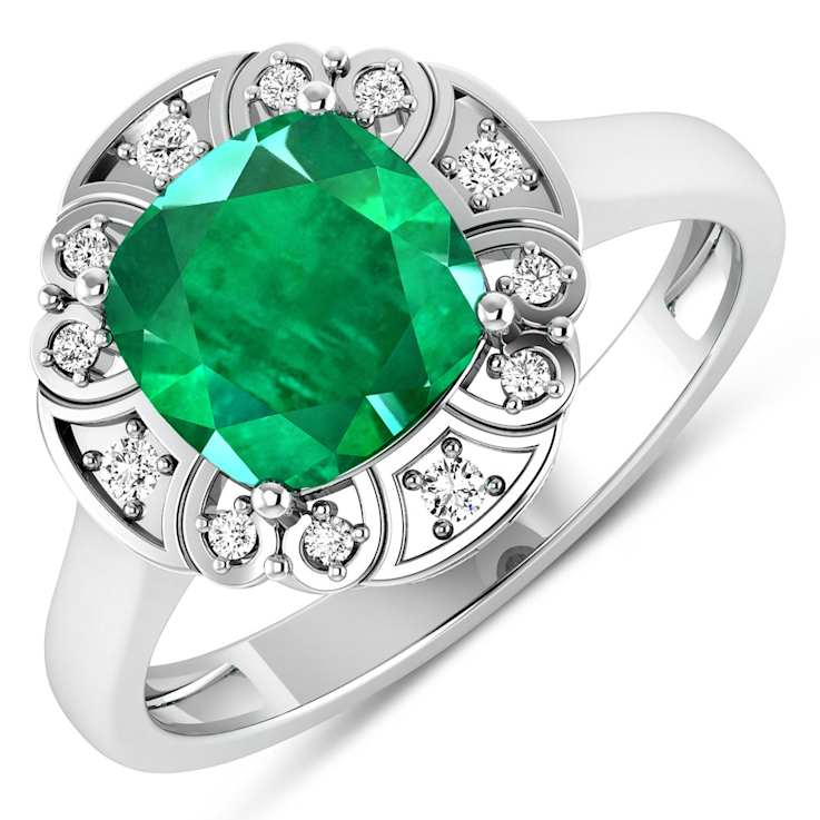 Green Emerald and White Diamond 14K White Gold Halo Ring 2.16 ctw