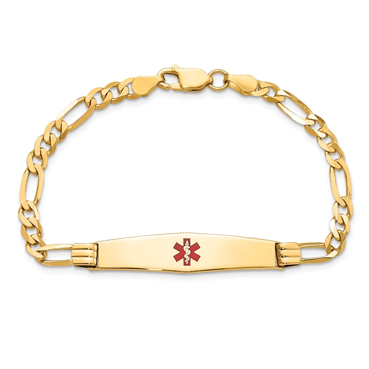 14k Yellow Gold Medical Soft Diamond Shape Red Enamel Figaro Link ID Bracelet