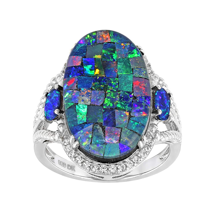 Multicolor Mosaic Opal Triplet Rhodium Over Sterling Silver Ring 0.11ctw