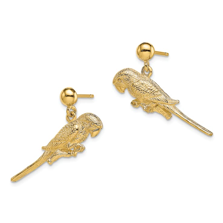 14k Yellow Gold 3D Textured Parrot Dangle Earrings