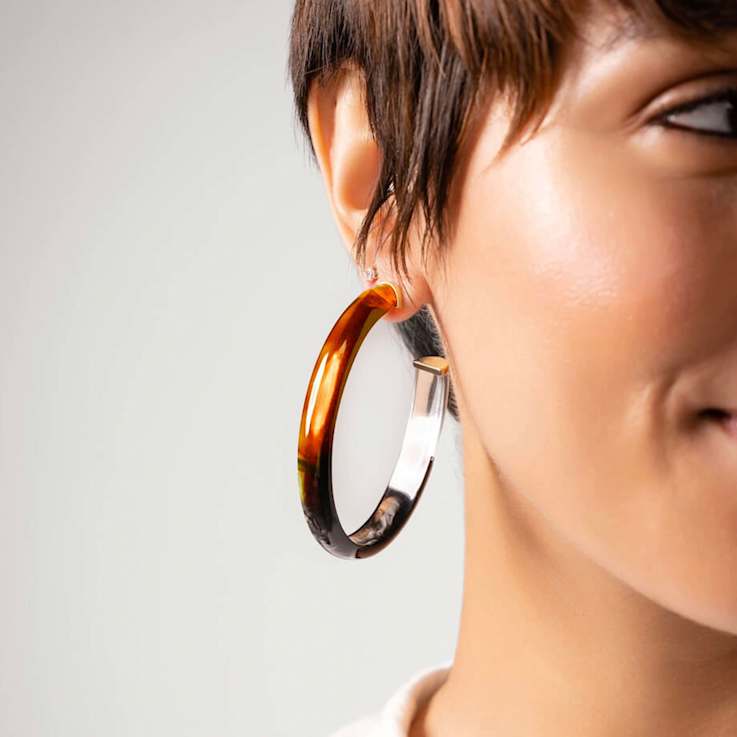 14K Yellow Gold Over Sterling Silver XL Oval Tie Dye Acrylic Hoop
Earrings in Orange and Black