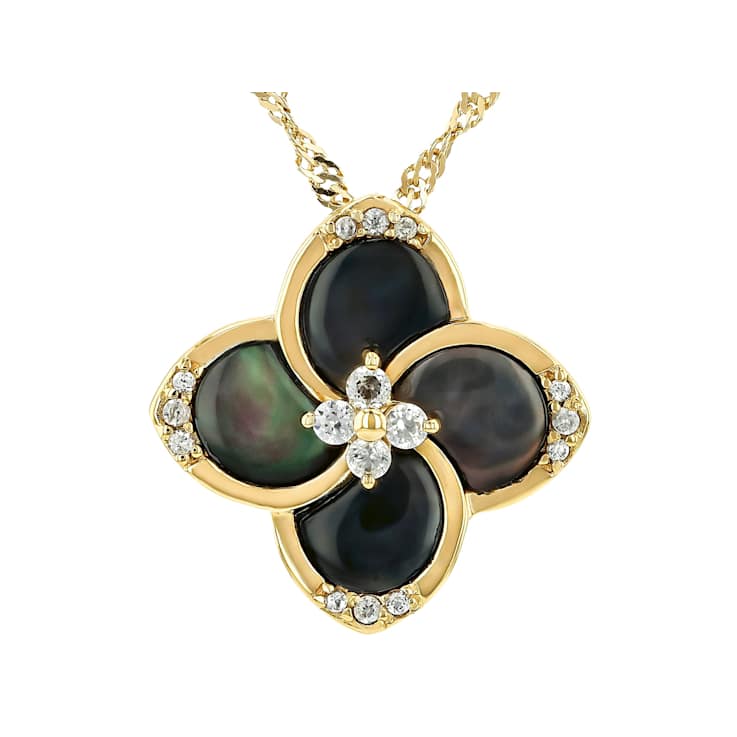 Black Mother-Of-Pearl And White Zircon Clover Pendant Necklace In 18K
Gold Over Sterling Silver 0.16ctw