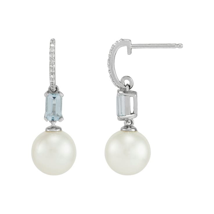 8-8.5mm Round White Freshwater Pearl, Aquamarine and Diamond Accents 14K
White Gold Drop Earrings