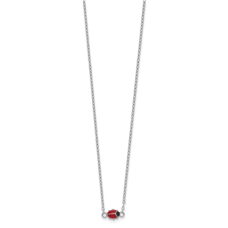 Rhodium Over Sterling Silver Enamel Ladybug with 2-inch Extension Childs Necklace
