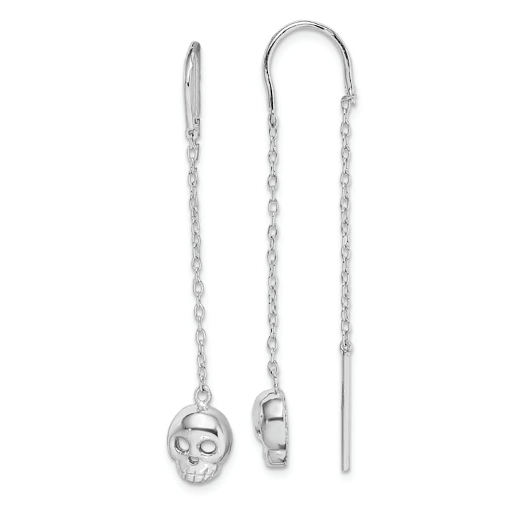 Rhodium Over Sterling Silver Polished Skull Threader Earrings