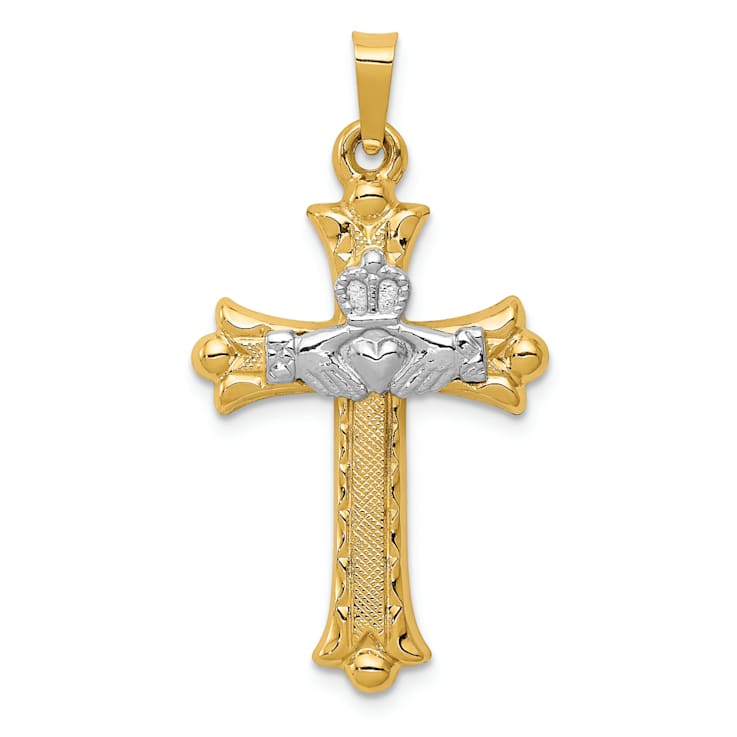 14K Yellow and White Gold Claddagh Cross Pendant