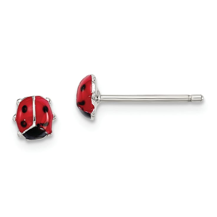 Rhodium Over Sterling Silver Enamel Ladybug Children's Post Earrings