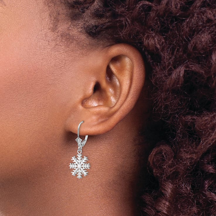14K White Gold Snowflake Leverback Earrings