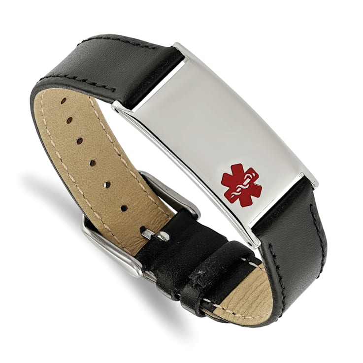 Black Leather and Stainless Steel Polished Enamel Adjustable 6.5-inch -
8.25-inch Medical Bracelet