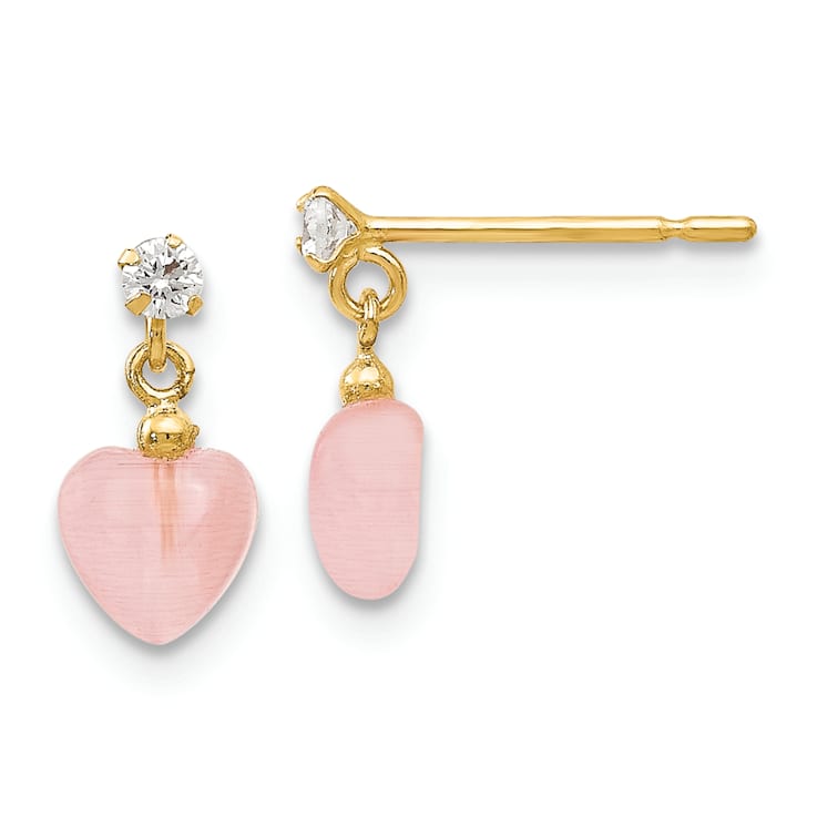 14k Yellow Gold Heart Shape Pink Opal Simulant and Cubic Zirconia Dangle
Post Earrings
