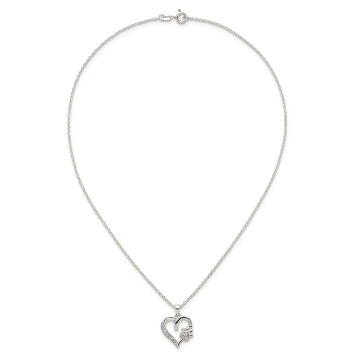 Sterling Silver Polished Cubic Zirconia Heart and Paw Necklace