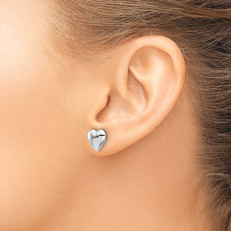 Rhodium Over 14k White Gold Polished Puffed Heart Stud Earrings
