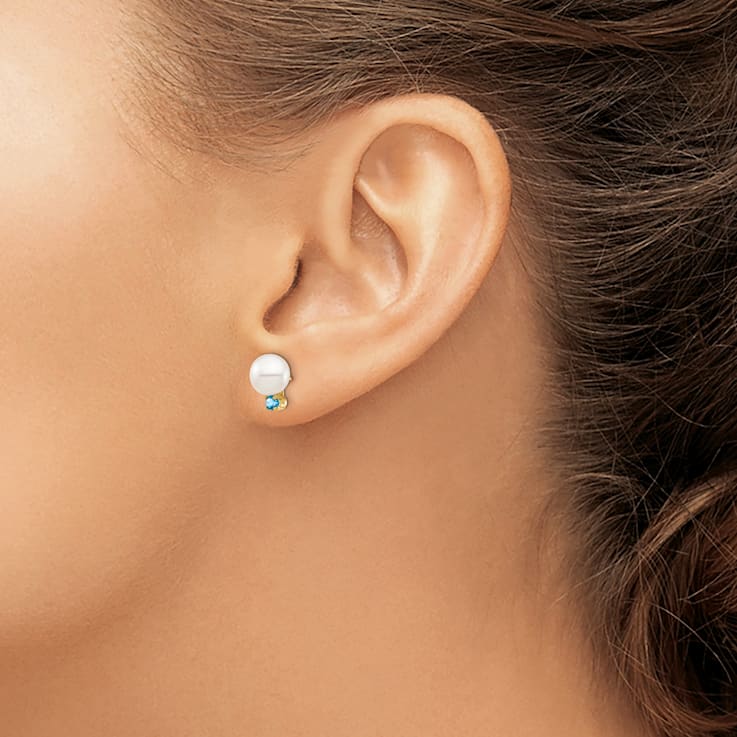 14K Yellow Gold 7-7.5mm White Round Freshwater Cultured Pearl Swiss Blue
Topaz Post Earrings