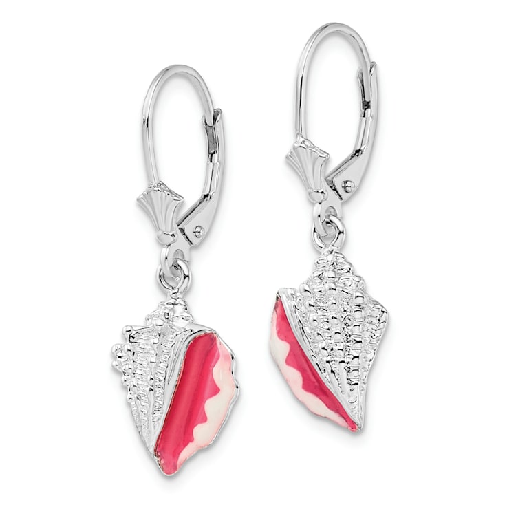 Rhodium Over Sterling Silver Enameled Conch Shell Leverback Earrings