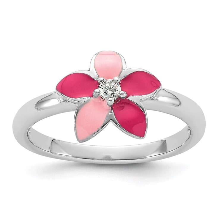 Rhodium Over Sterling Silver Pink Enameled and Cubic Zirconia Flower
Children's Ring