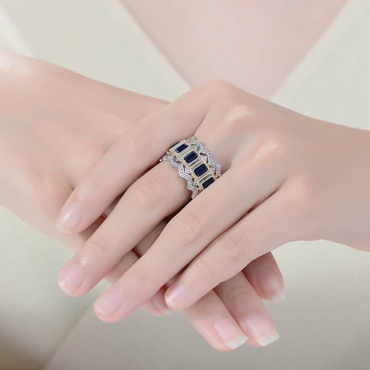 Sapphire Color CZ Two-Tone Cocktail Ring In White Gold And 14K Gold Over Brass