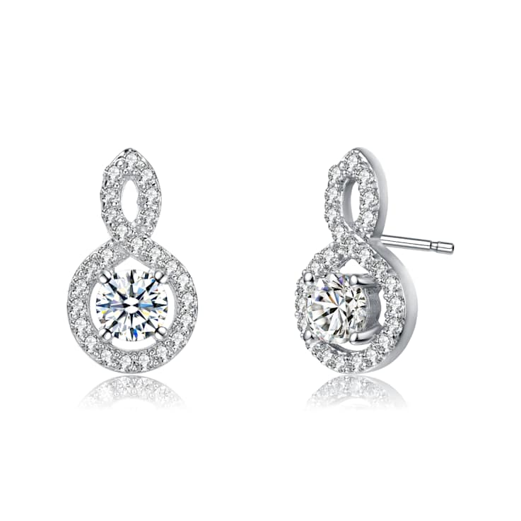 CZ Halo Drop Earrings In Rhodium Over Brass