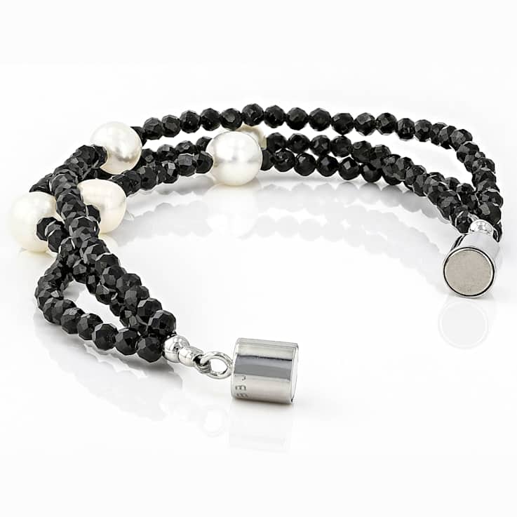 Black Spinel And Cultured Freshwater Pearl Bracelet In Sterling Silver 28.05ctw