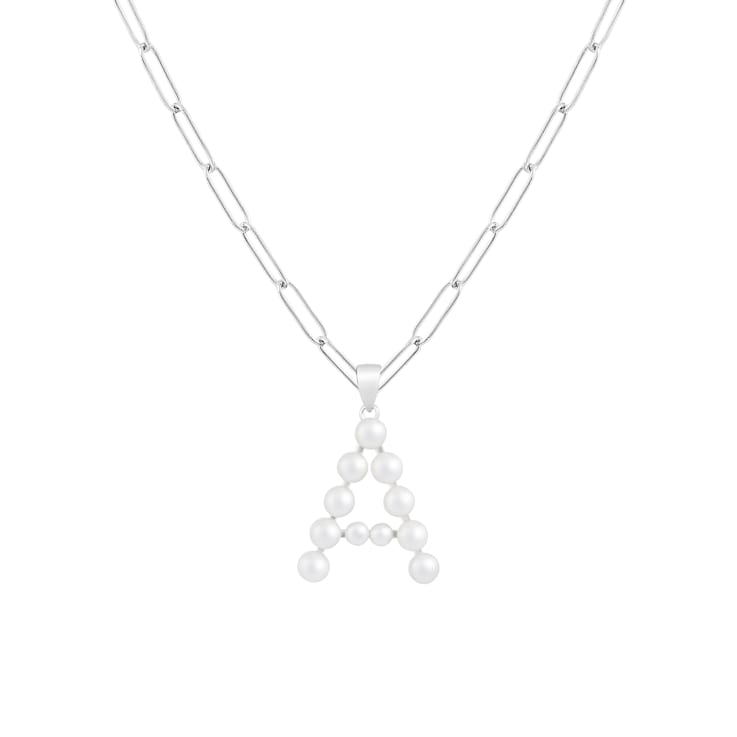 Letter A Initial Cultured Freshwater Pearl Rhodium Over Sterling Silver
Pendant With  18" Chain
