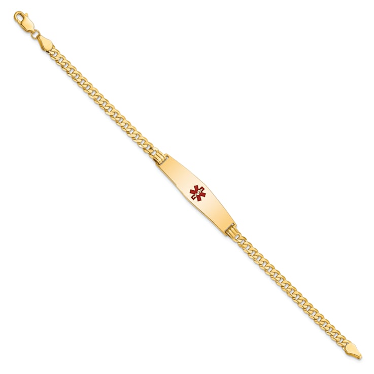 14k Yellow Gold Medical Soft Diamond Shape Red Enamel Flat Curb Link ID Bracelet
