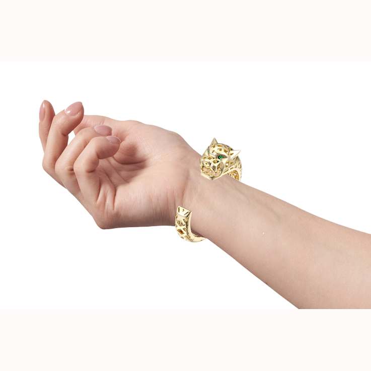 Emerald Color CZ Jaguar Cuff Bracelet In 14K Gold Over Brass