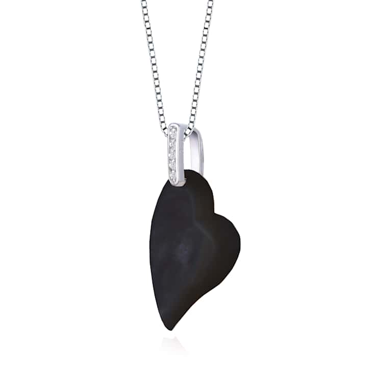 CZ And Black Mother Of Pearl Heart Pendant Necklace In Sterling Silver