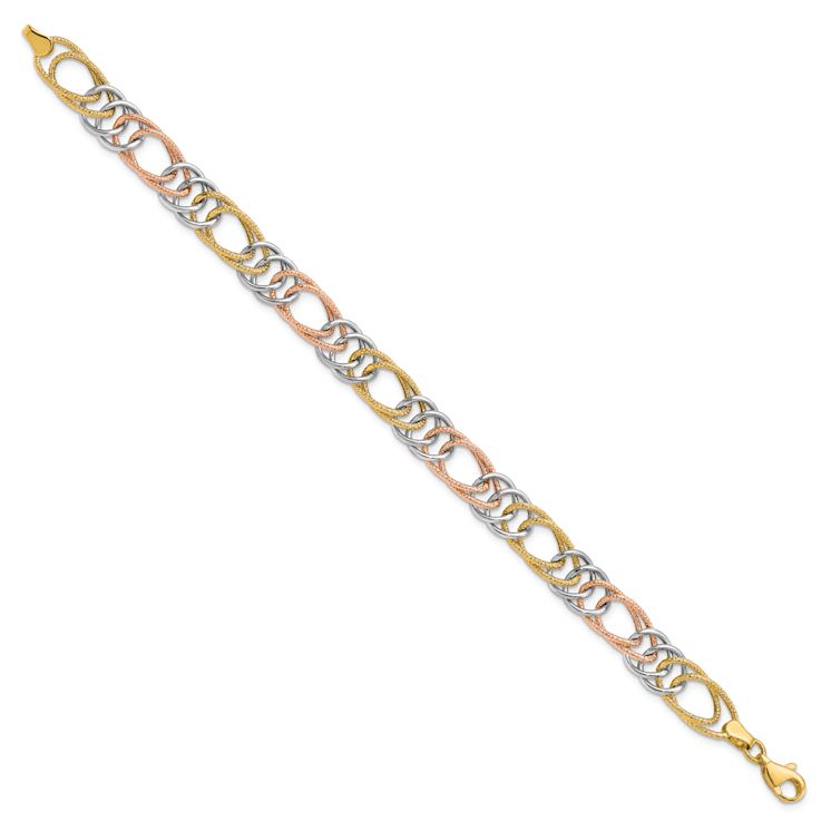 14k tri-color gold 8.5mm Textured 3D Fancy Double Link Bracelet