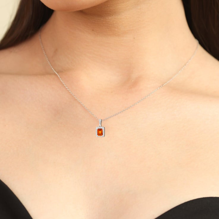 Peach Orange Lab Created Padparadscha Sapphire and Moissanite Sterling
Silver Necklace with chain