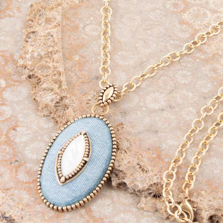 Barse Jewelry Blue Denim Dreams White Mother of Pearl Golden Pendant Necklace