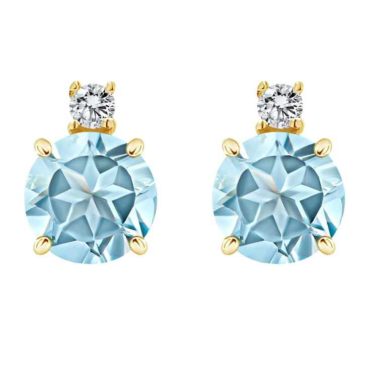 5mm Round Aquamarine with Diamond Accents 14k Yellow Gold Stud Earrings