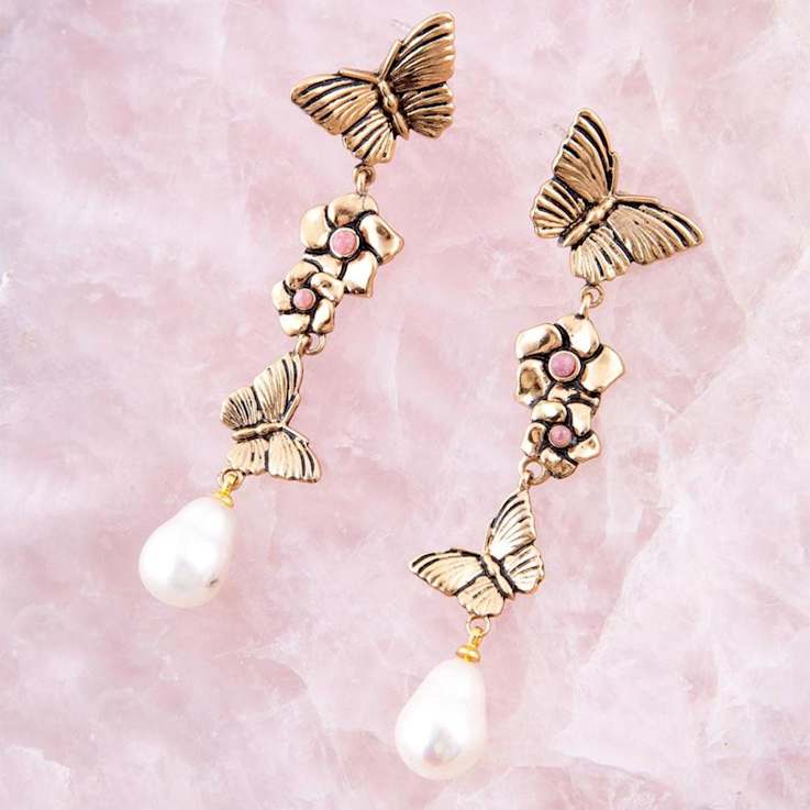 Barse Jewelry Freshwater Pearl With Rhodonite Gold Tone Butterfly Dangle Earrings