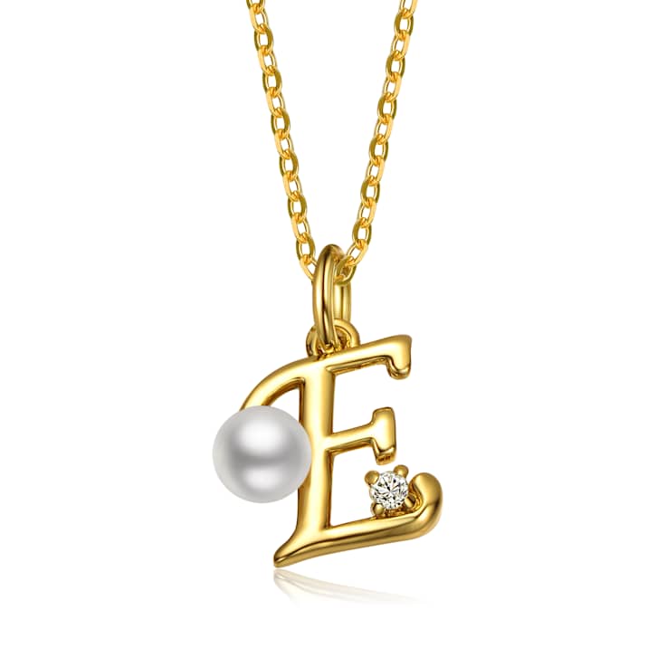 Initial E Pear Shape CZ And Pearl Pendant Necklace In 14K Gold Over Brass