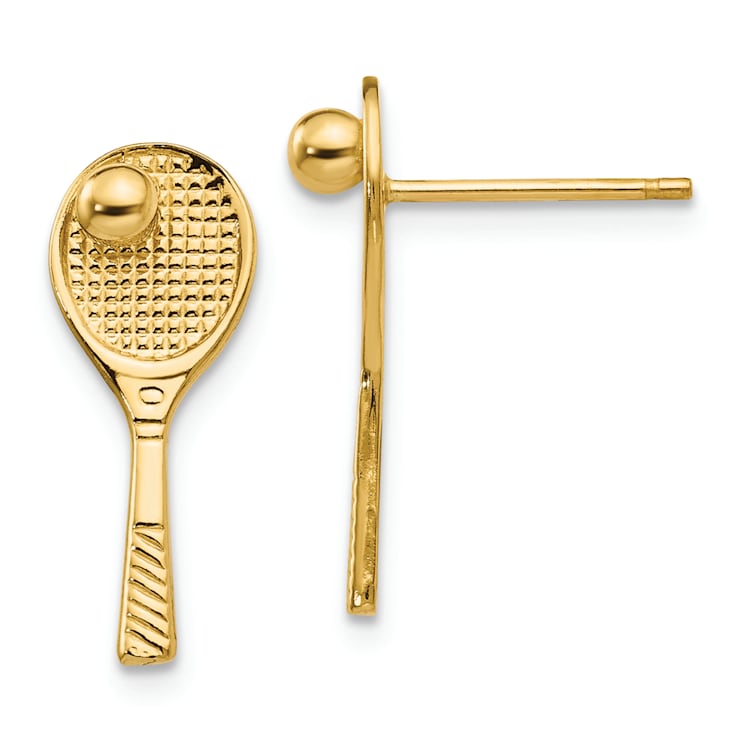 14k Yellow Gold Textured Tennis Racquet with Ball Stud Earrings