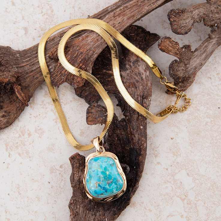 Barse Turquoise Pendant Necklace With Snake Chain In Bronze