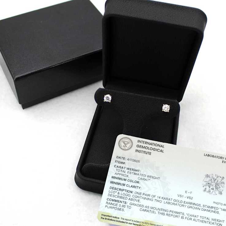 Lab Grown White Diamond 14K Yellow Gold Stud Earrings VS1 Clarity E
Color, IGI Certified 2ctw