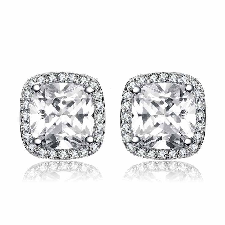 Princess-Cut CZ Halo Stud Earrings In Sterling Silver