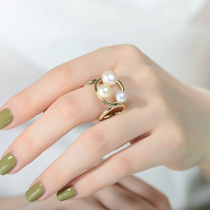Pear Shape Pearl Cluster Ball Ring In 14K Gold Over Sterling Silver