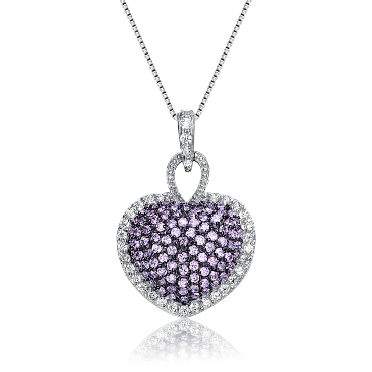 Pink CZ Pave Heart Pendant Necklace In Sterling Silver