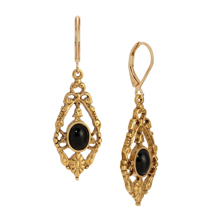 Black Teardrop Dangle Earrings In Gold Tone