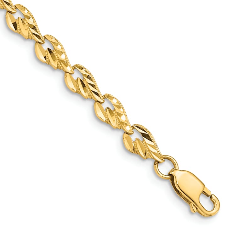 14k Yellow Gold Polished Diamond-Cut Leaf Link Bracelet