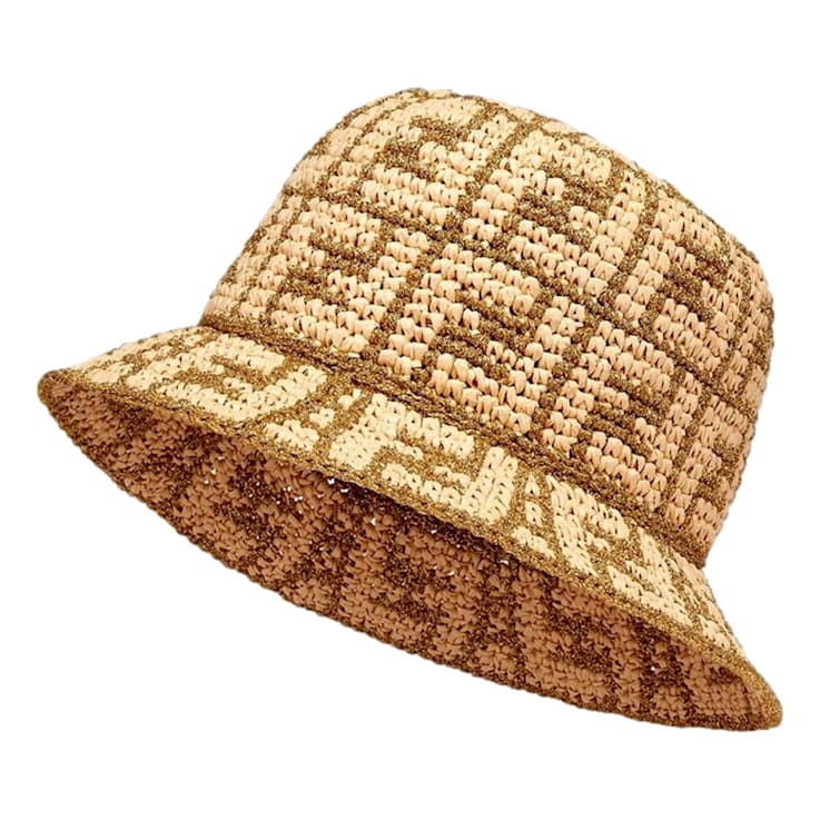Fendi FF Motif Woven Metallic Gold and Natural Raffia Crochet Bucket Hat 1C42SA