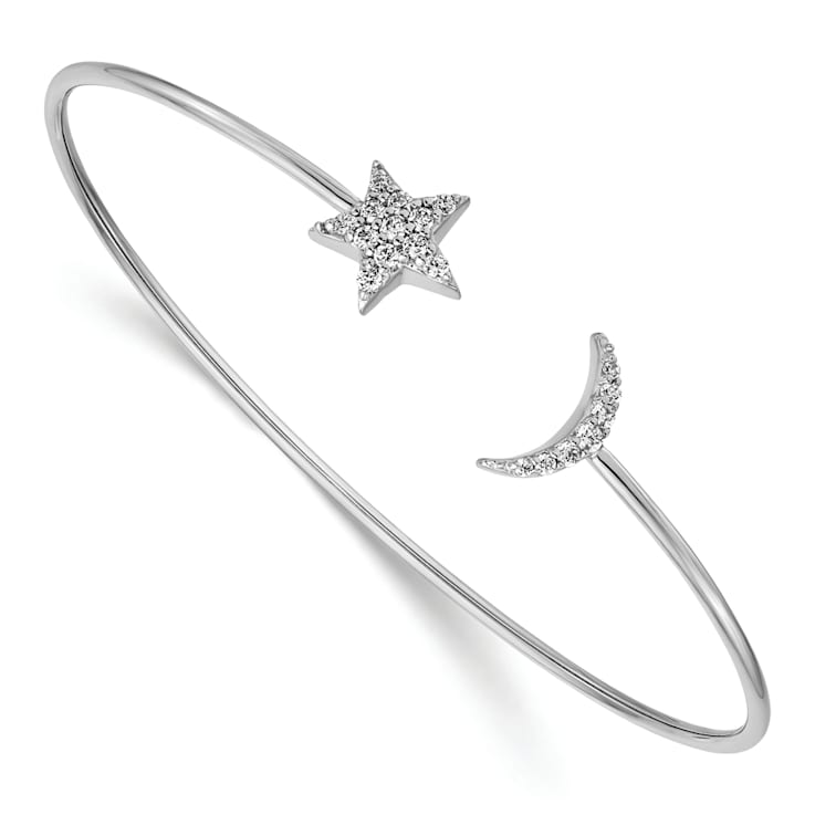 Rhodium Over 14k White Gold Diamond Moon and Star Flexible Cuff Bangle