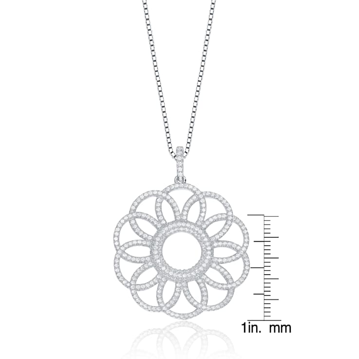 Floral CZ Pendant Necklace In Sterling Silver