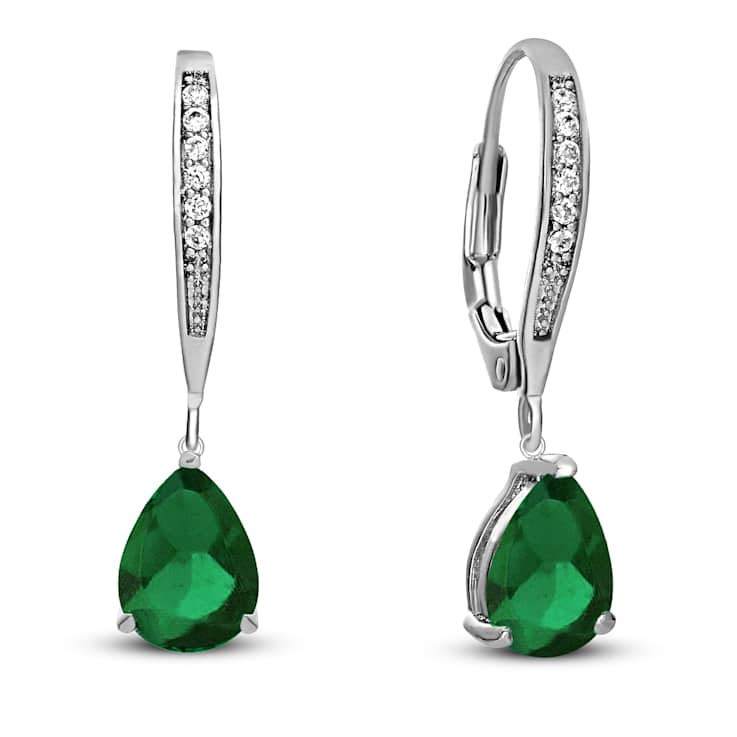 Emerald Color CZ Teardrop Drop Earrings In Sterling Silver